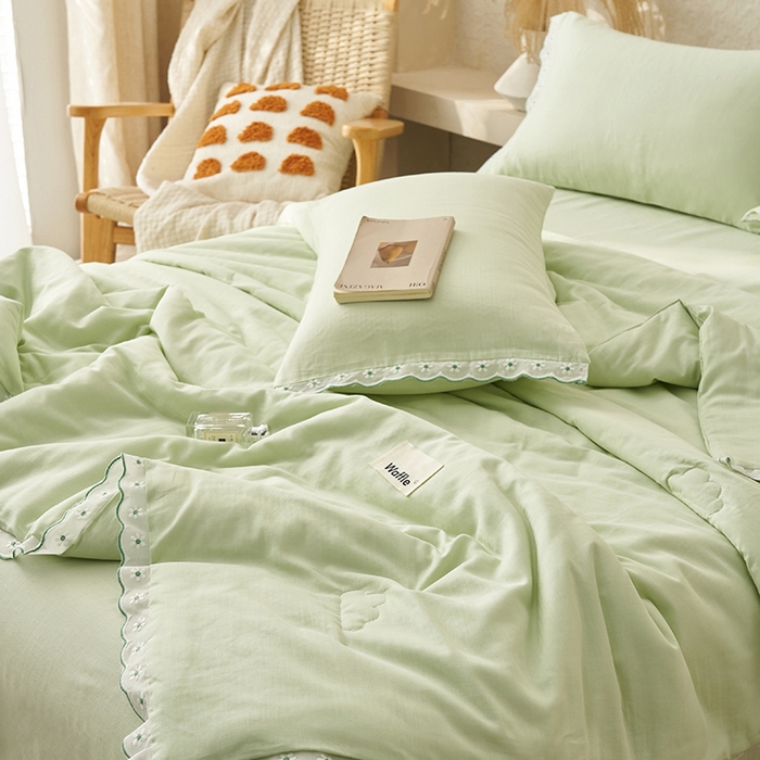 91家纺网 家纺一手货源 找家纺 晨曦家纺 2026新款水洗棉花边大豆夏被四件套夏被-雏菊 雏菊-薄荷绿