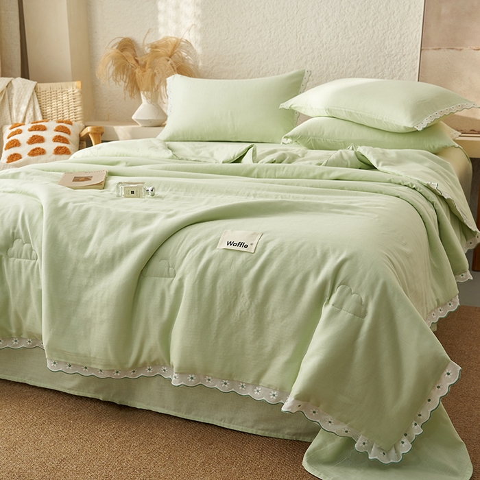 91家纺网 家纺一手货源 找家纺 晨曦家纺 2026新款水洗棉花边大豆夏被四件套夏被-雏菊 雏菊-薄荷绿
