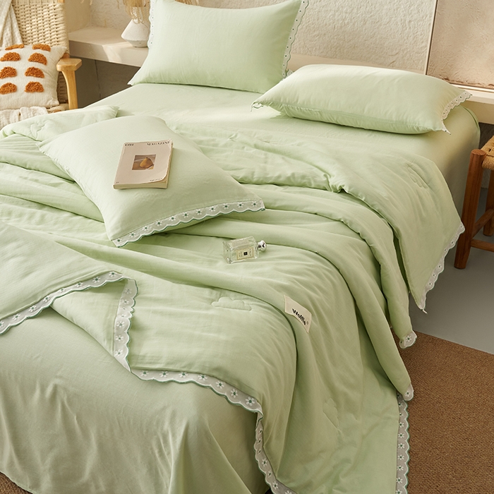 91家纺网 家纺一手货源 找家纺 晨曦家纺 2026新款水洗棉花边大豆夏被四件套夏被-雏菊 雏菊-薄荷绿