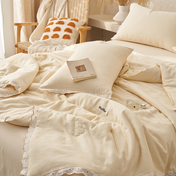 91家纺网 家纺一手货源 找家纺 晨曦家纺 2026新款水洗棉花边大豆夏被四件套夏被-雏菊 雏菊-奶黄