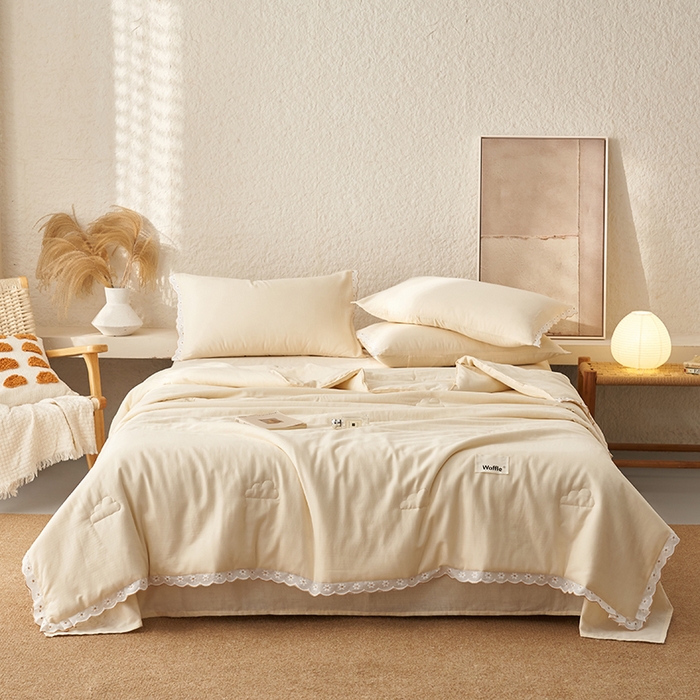 91家纺网 家纺一手货源 找家纺 晨曦家纺 2026新款水洗棉花边大豆夏被四件套夏被-雏菊 雏菊-奶黄