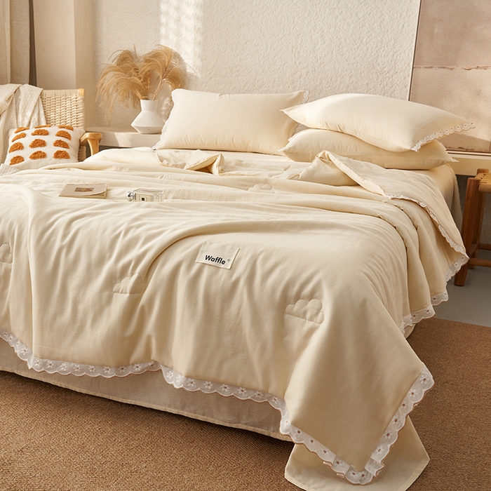 91家纺网 家纺一手货源 找家纺 晨曦家纺 2026新款水洗棉花边大豆夏被四件套夏被-雏菊 雏菊-奶黄