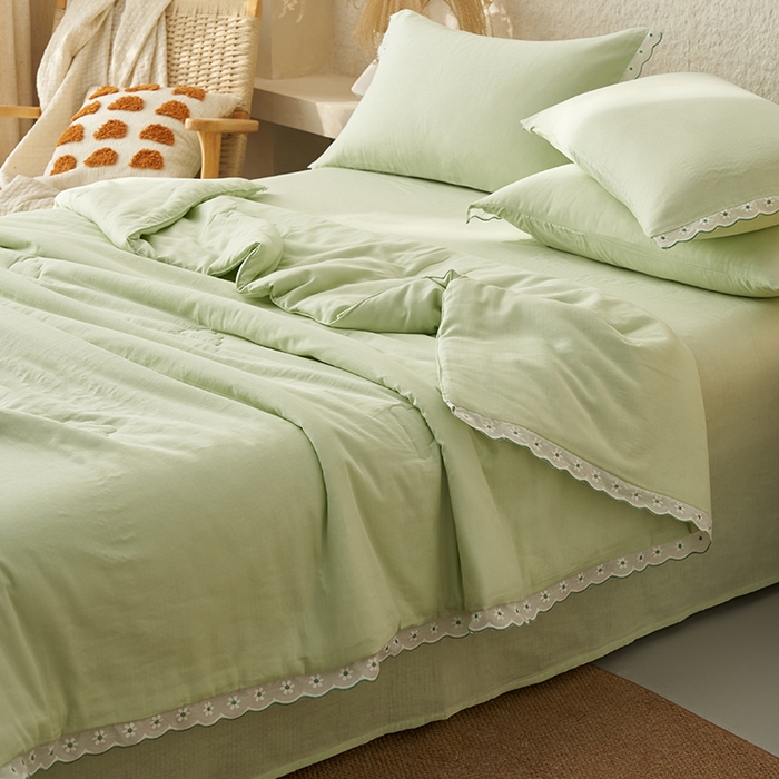91家纺网 家纺一手货源 找家纺 晨曦家纺 2026新款水洗棉花边大豆夏被四件套夏被-雏菊 雏菊-薄荷绿