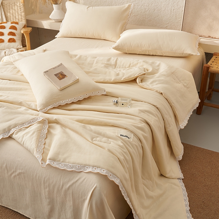 91家纺网 家纺一手货源 找家纺 晨曦家纺 2026新款水洗棉花边大豆夏被四件套夏被-雏菊 雏菊-奶黄