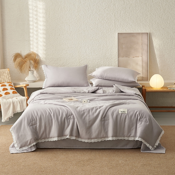 91家纺网 家纺一手货源 找家纺 晨曦家纺 2026新款水洗棉花边大豆夏被四件套夏被-雏菊 雏菊-典雅灰