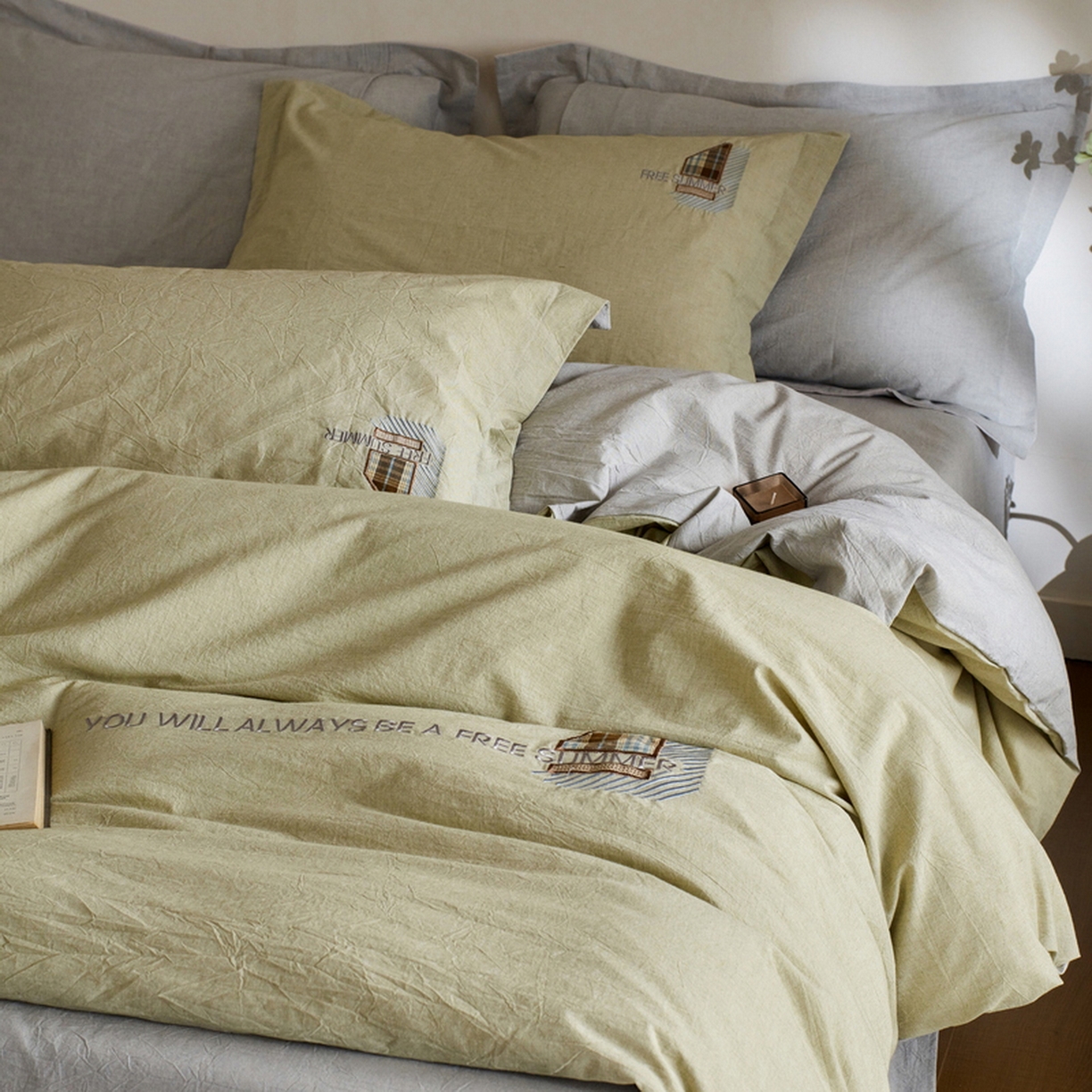 艾莱家纺 2026春夏新款A类棉麻贴布刺绣加厚四件套-杰森 杰森-绿色+浅灰