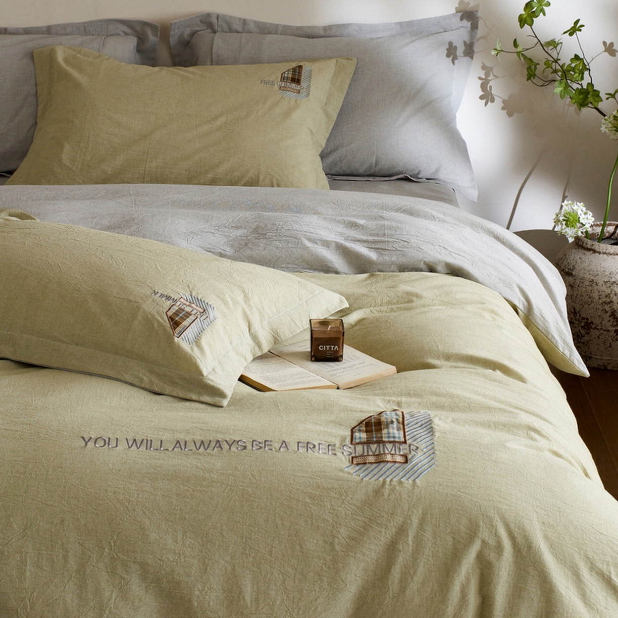 91家纺网 家纺一手货源 找家纺 艾莱家纺 2026春夏新款A类棉麻贴布刺绣加厚四件套-杰森 杰森-绿色+浅灰