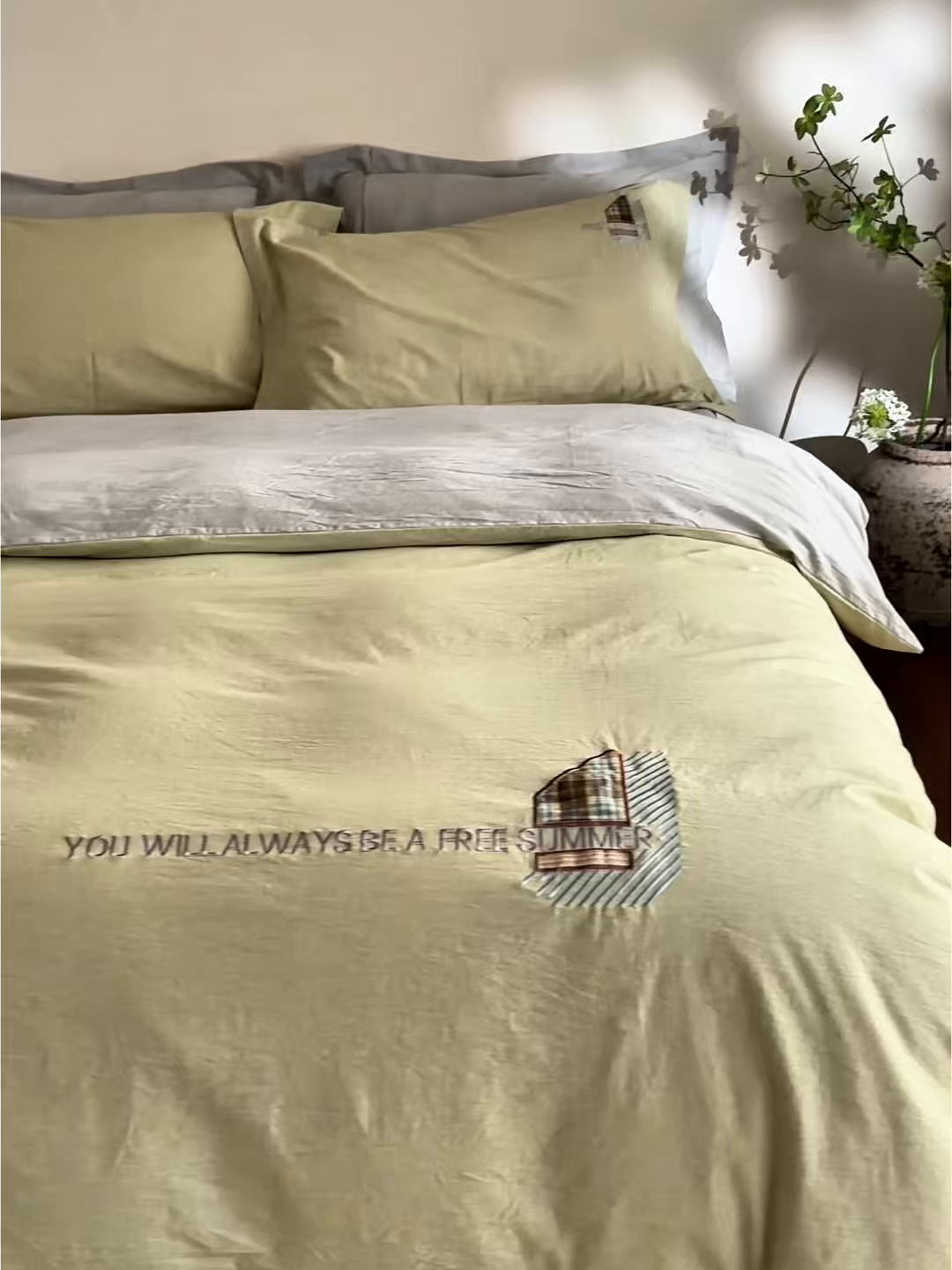 91家纺网 家纺一手货源 找家纺 艾莱家纺 2026春夏新款A类棉麻贴布刺绣加厚四件套-杰森 杰森-绿色+浅灰