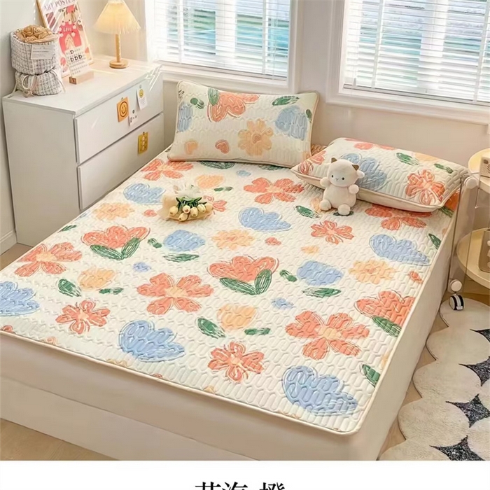 彩亿家纺 2026新款印花凉席新款凉感丝乳胶凉席三件套 花海橙