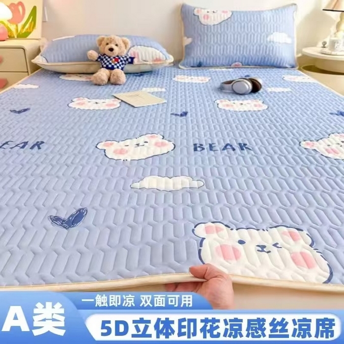 彩亿家纺 2026新款印花凉席新款凉感丝乳胶凉席三件套 白云小熊