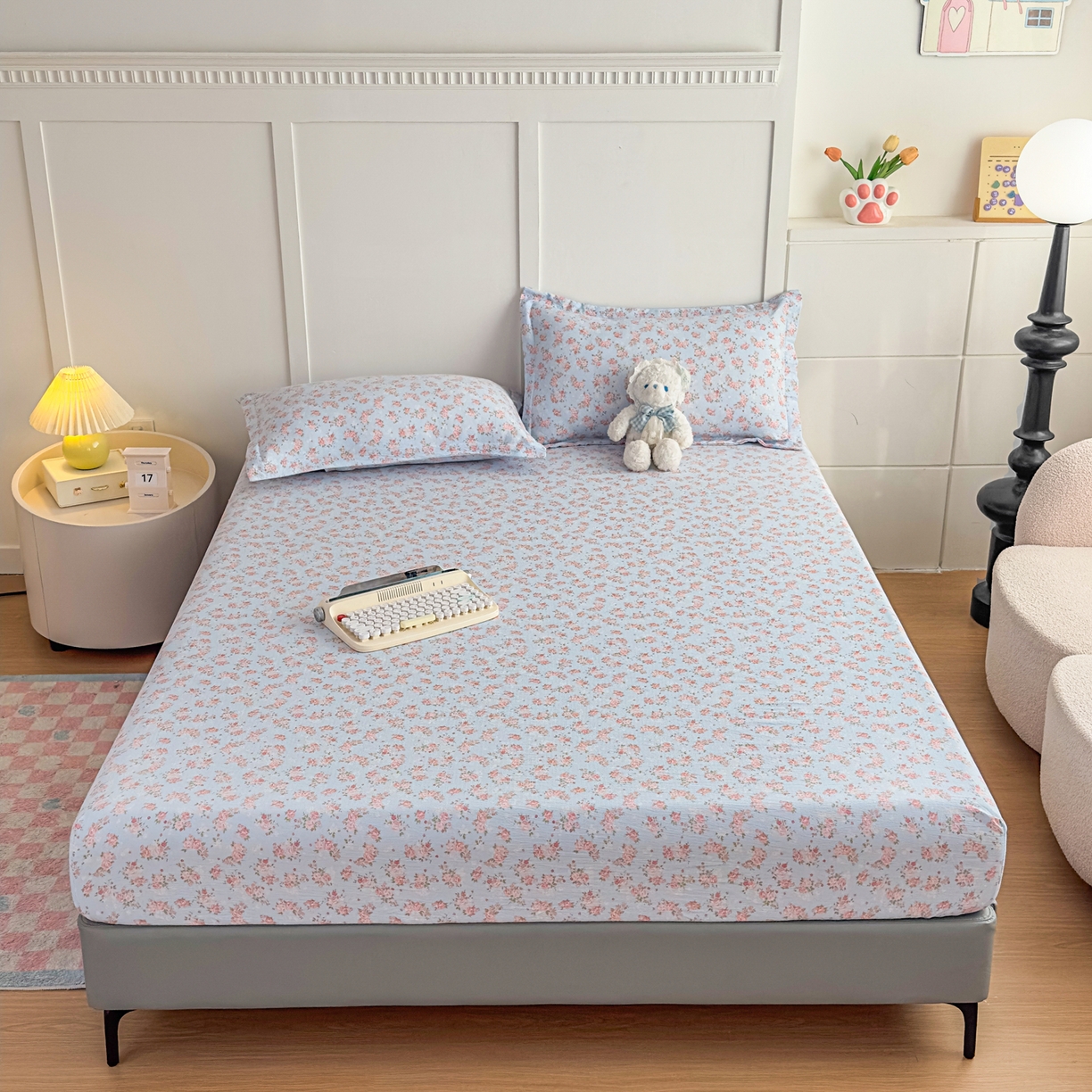 91家纺网 家纺一手货源 找家纺 默忆 2026春夏新款a类泡芙双层纱床笠印花卡通全包围床垫保护套单床笠 床笠单件 富贵花