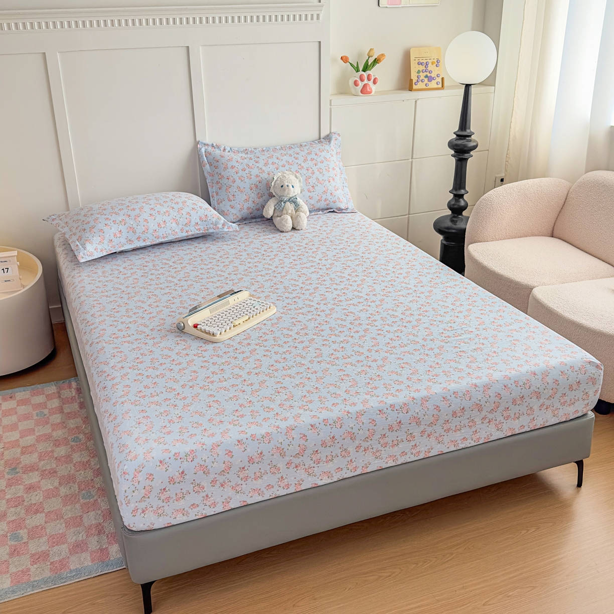 91家纺网 家纺一手货源 找家纺 默忆 2026春夏新款a类泡芙双层纱床笠印花卡通全包围床垫保护套单床笠 床笠单件 富贵花