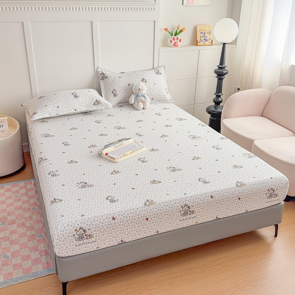 91家纺网 家纺一手货源 找家纺 默忆 2026春夏新款a类泡芙双层纱床笠印花卡通全包围床垫保护套单床笠 床笠单件 汪星人