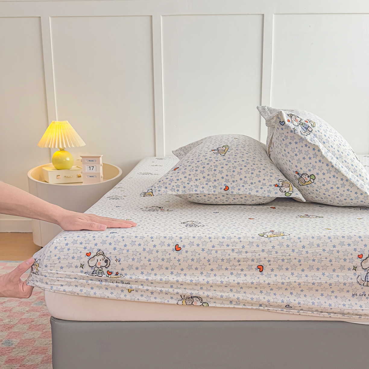 91家纺网 家纺一手货源 找家纺 默忆 2026春夏新款a类泡芙双层纱床笠印花卡通全包围床垫保护套单床笠 床笠单件 汪星人