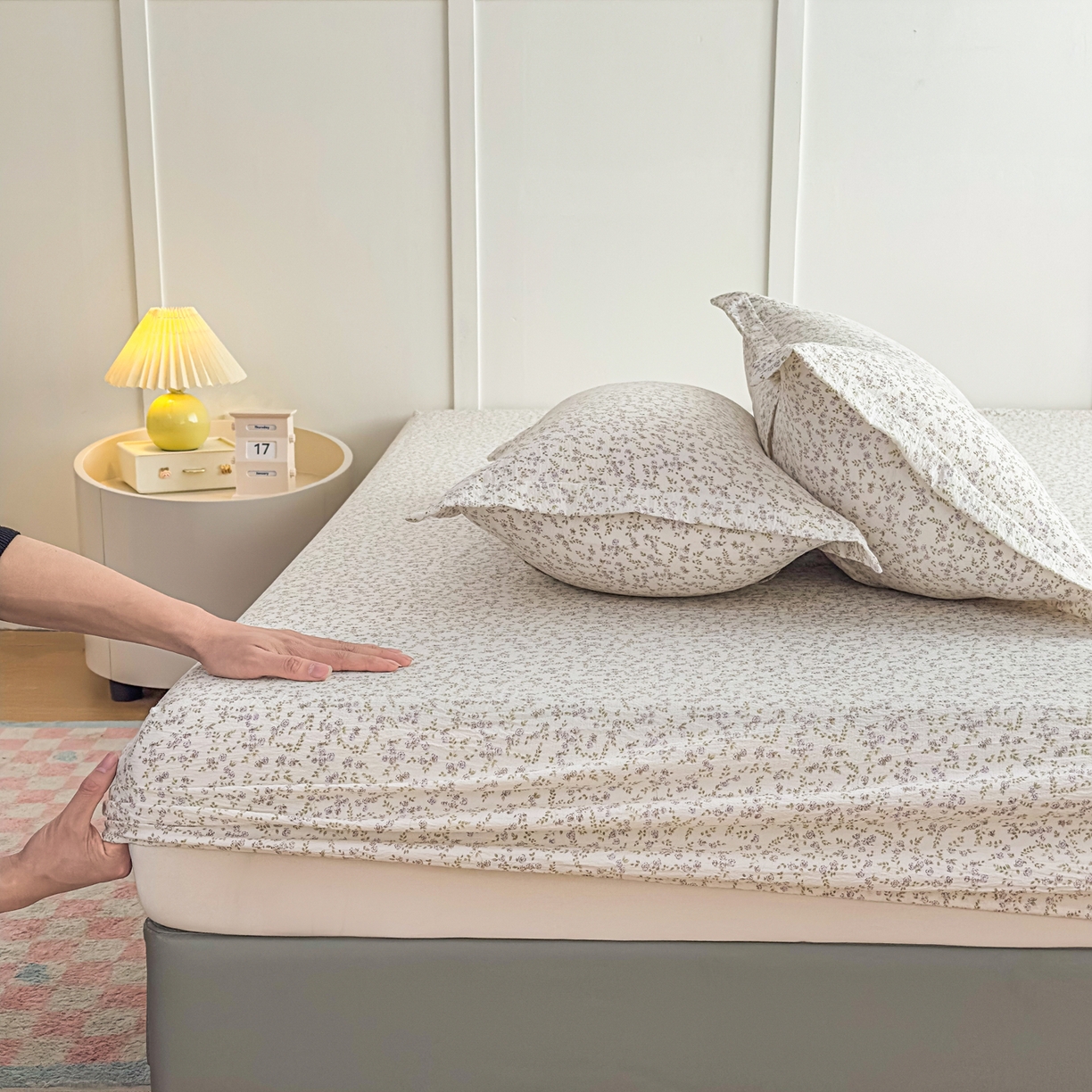 91家纺网 家纺一手货源 找家纺 默忆 2026春夏新款a类泡芙双层纱床笠印花卡通全包围床垫保护套单床笠 床笠单件 莫奈紫