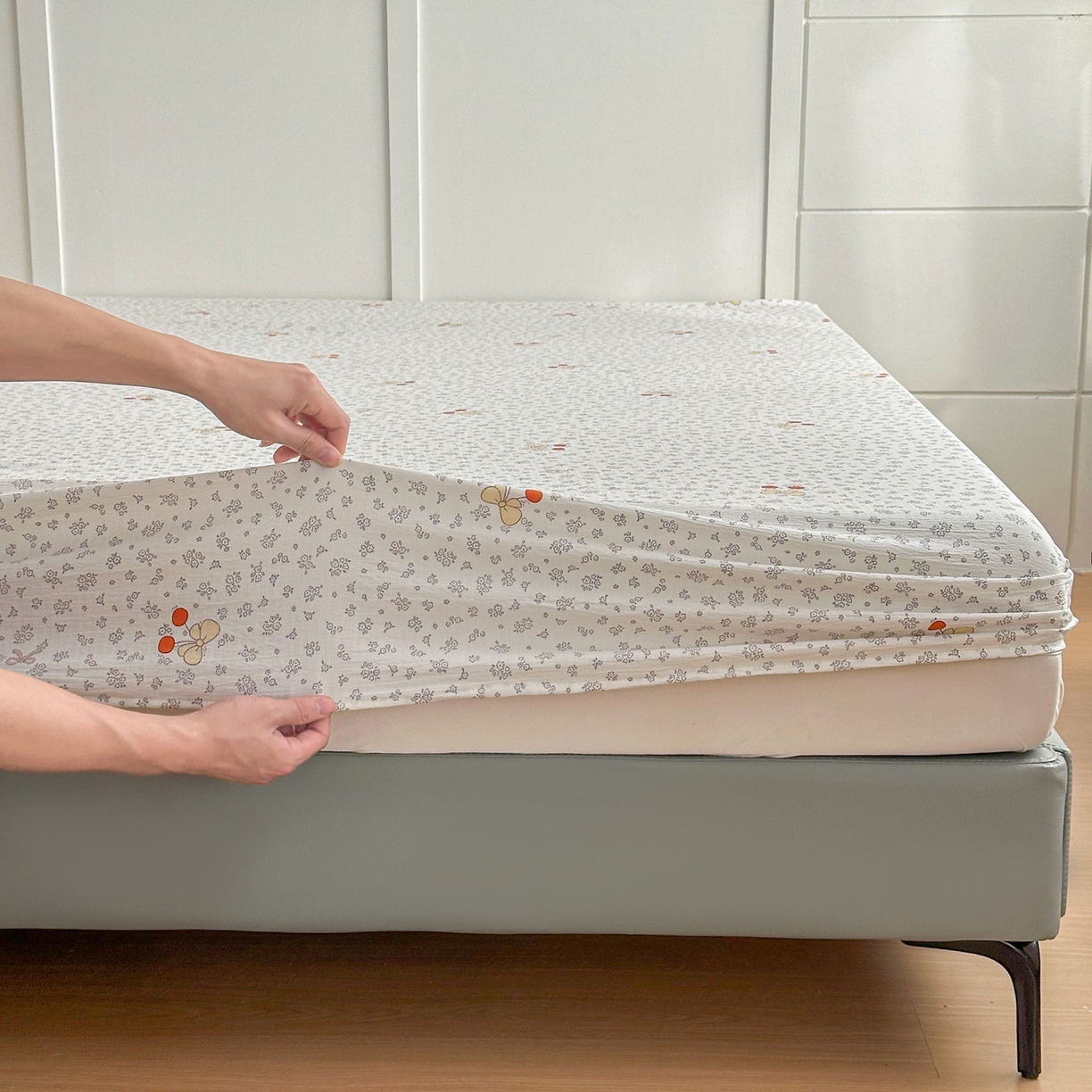 91家纺网 家纺一手货源 找家纺 默忆 2026春夏新款a类泡芙双层纱床笠印花卡通全包围床垫保护套单床笠 床笠单件 樱桃