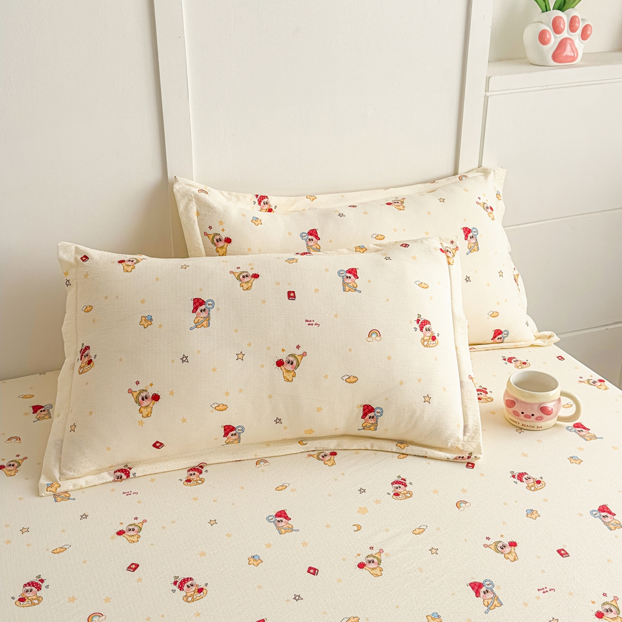 91家纺网 家纺一手货源 找家纺 默忆 2026春夏新款a类泡芙双层纱床笠印花卡通全包围床垫保护套单床笠 床笠单件 星星人