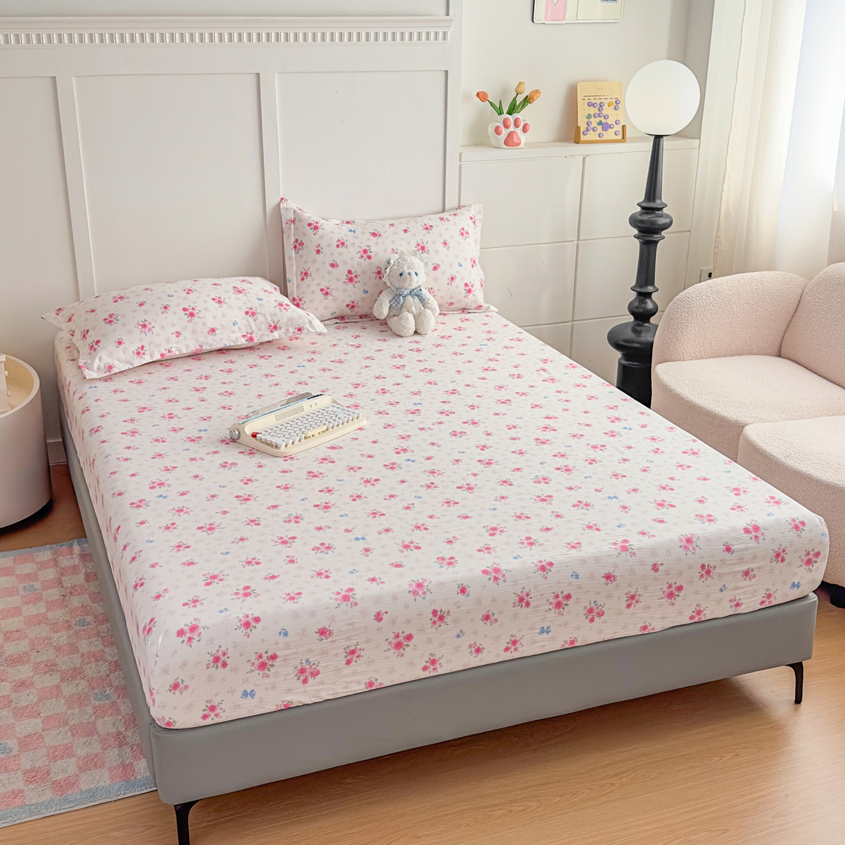 91家纺网 家纺一手货源 找家纺 默忆 2026春夏新款a类泡芙双层纱床笠印花卡通全包围床垫保护套单床笠 床笠单件 三生花