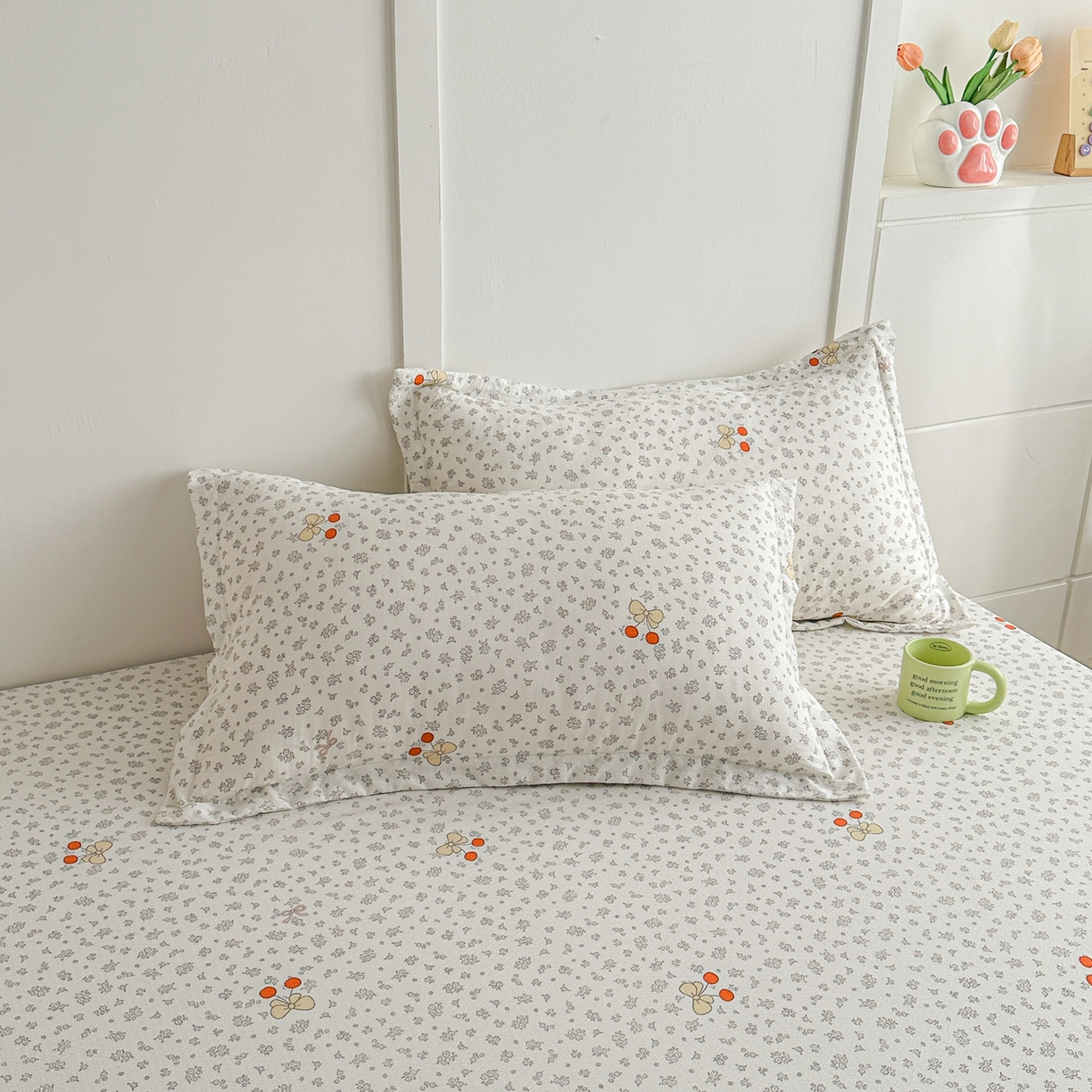 91家纺网 家纺一手货源 找家纺 默忆 2026春夏新款a类泡芙双层纱床笠印花卡通全包围床垫保护套单床笠 床笠单件 樱桃