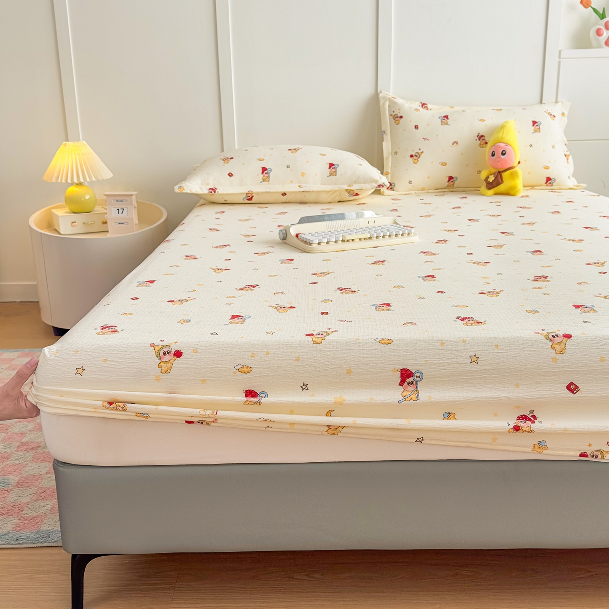 91家纺网 家纺一手货源 找家纺 默忆 2026春夏新款a类泡芙双层纱床笠印花卡通全包围床垫保护套单床笠 床笠单件 星星人