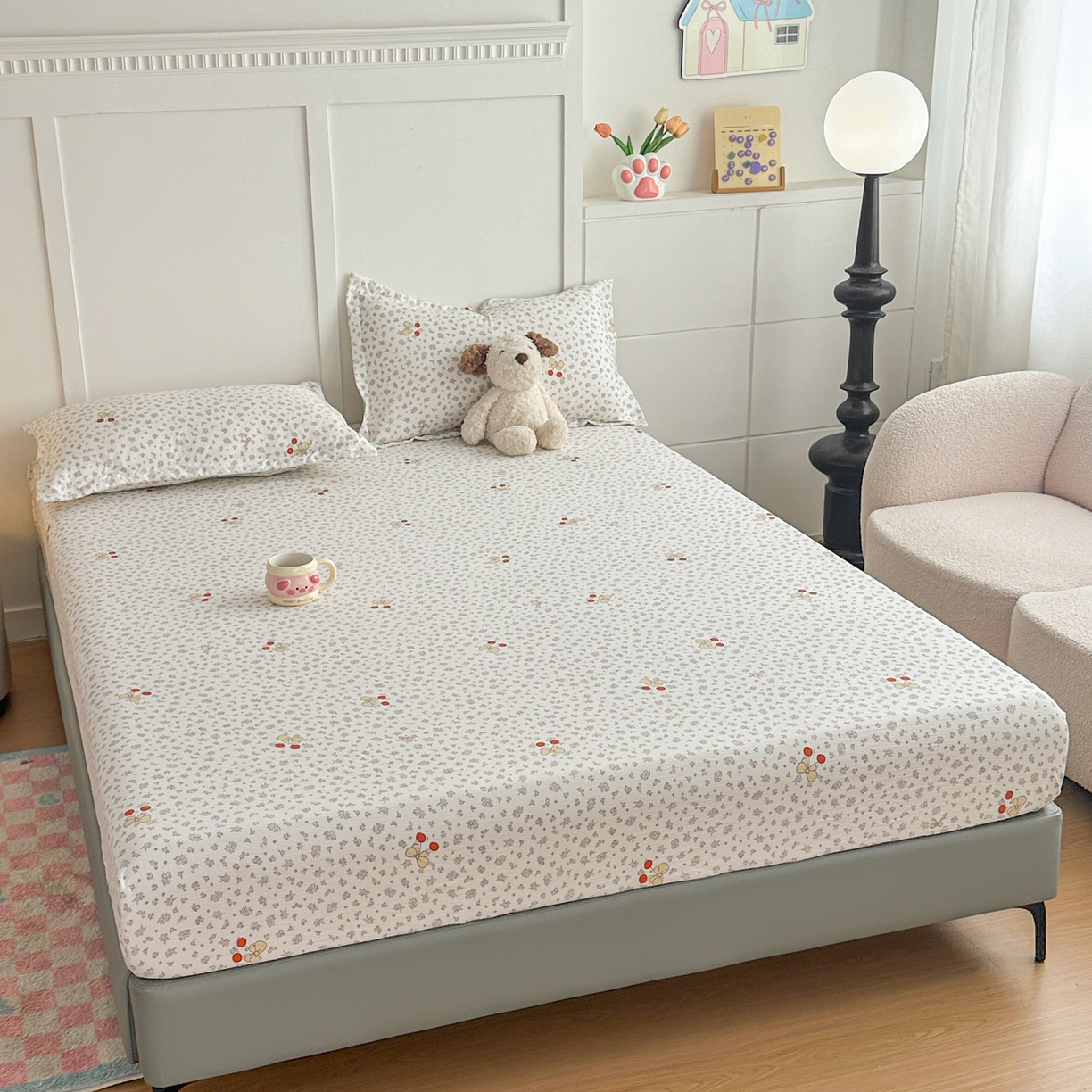 91家纺网 家纺一手货源 找家纺 默忆 2026春夏新款a类泡芙双层纱床笠印花卡通全包围床垫保护套单床笠 床笠单件 樱桃