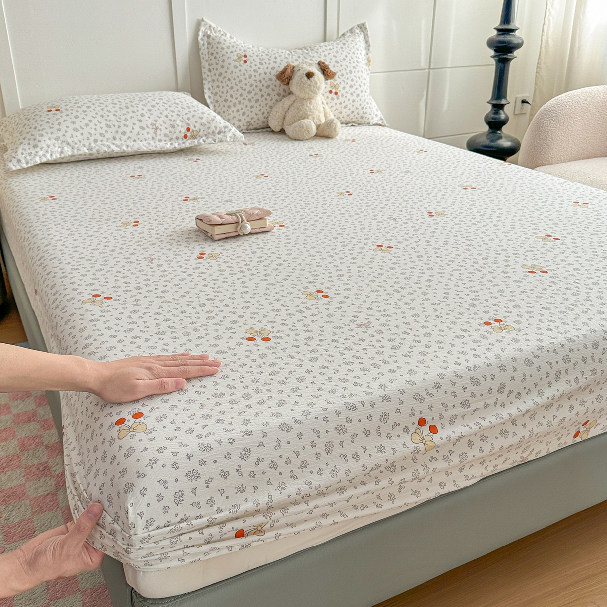 91家纺网 家纺一手货源 找家纺 默忆 2026春夏新款a类泡芙双层纱床笠印花卡通全包围床垫保护套单床笠 床笠单件 樱桃