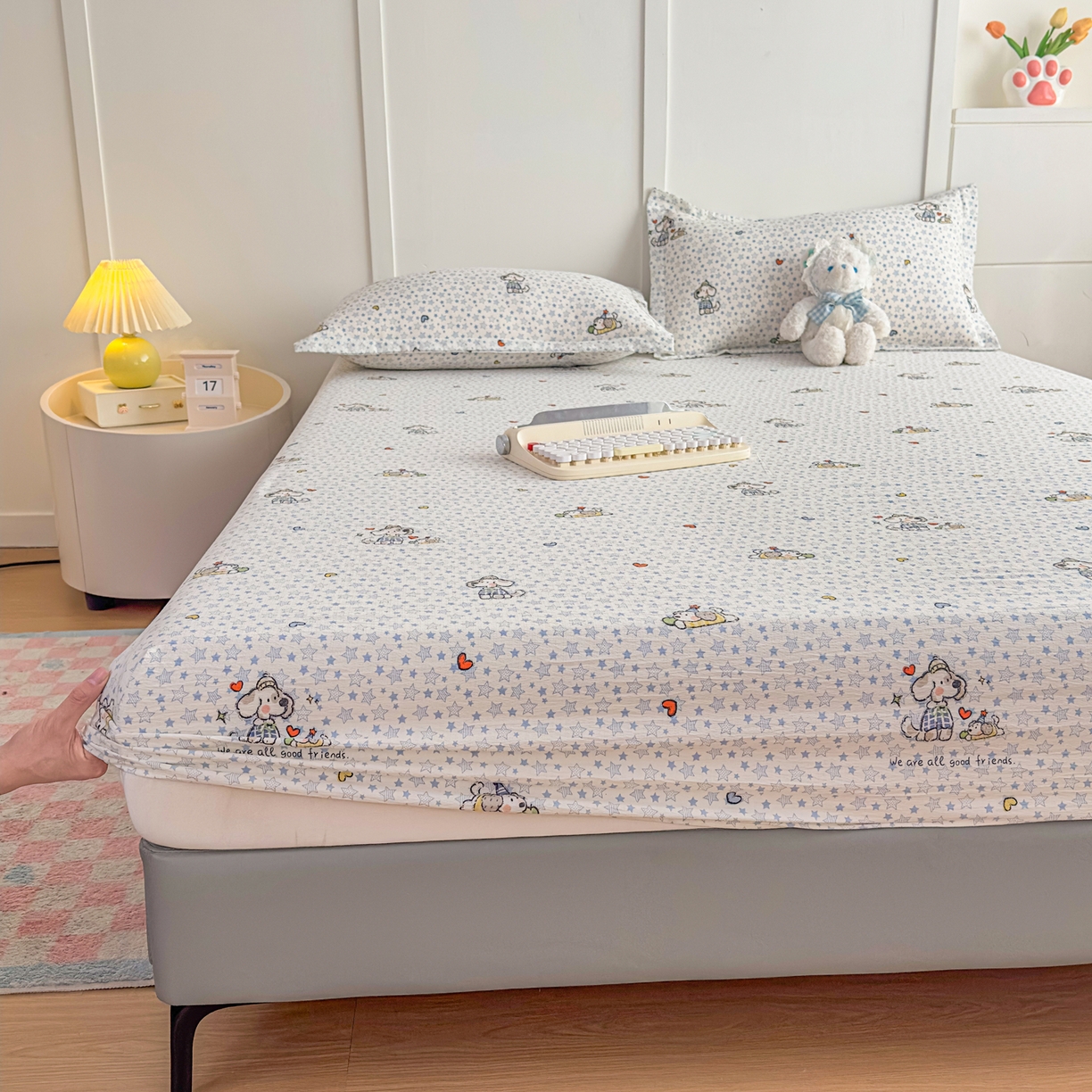 91家纺网 家纺一手货源 找家纺 默忆 2026春夏新款a类泡芙双层纱床笠印花卡通全包围床垫保护套单床笠 床笠单件 汪星人