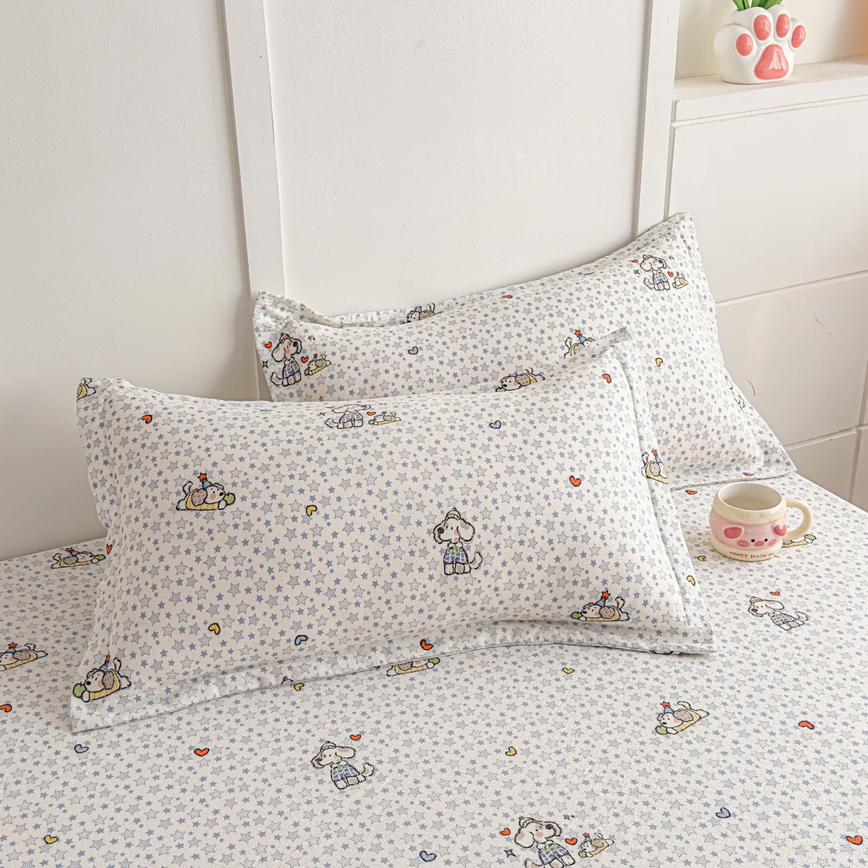 91家纺网 家纺一手货源 找家纺 默忆 2026春夏新款a类泡芙双层纱床笠印花卡通全包围床垫保护套单床笠 床笠单件 汪星人