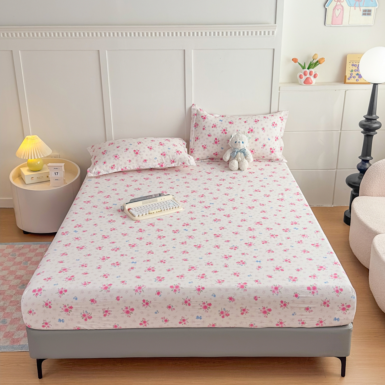 91家纺网 家纺一手货源 找家纺 默忆 2026春夏新款a类泡芙双层纱床笠印花卡通全包围床垫保护套单床笠 床笠单件 三生花