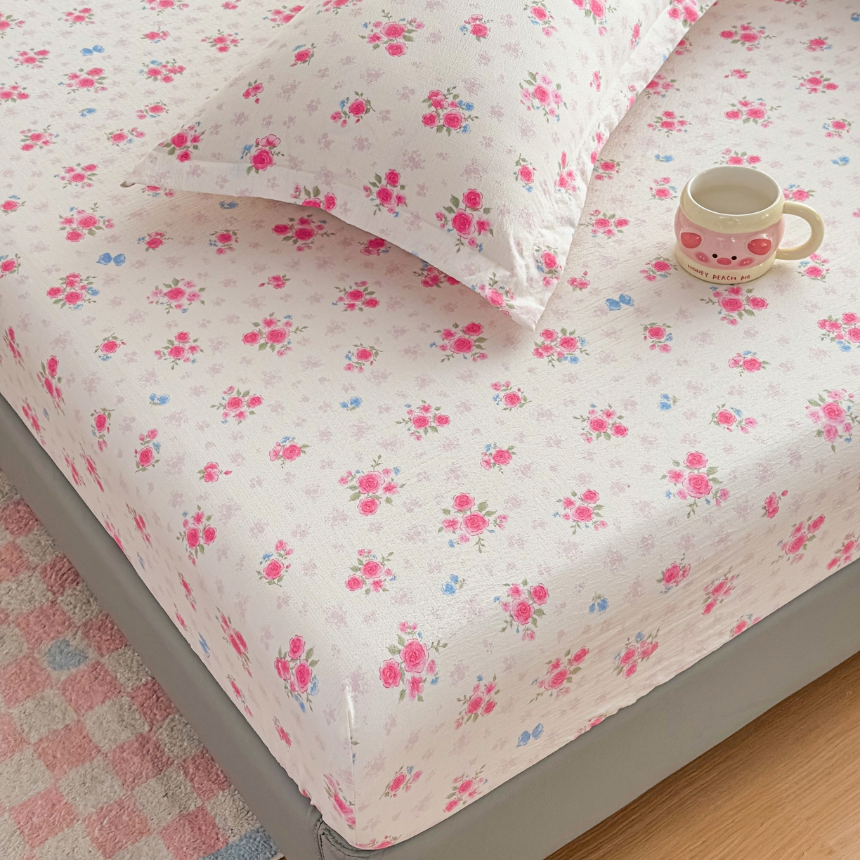 91家纺网 家纺一手货源 找家纺 默忆 2026春夏新款a类泡芙双层纱床笠印花卡通全包围床垫保护套单床笠 床笠单件 三生花