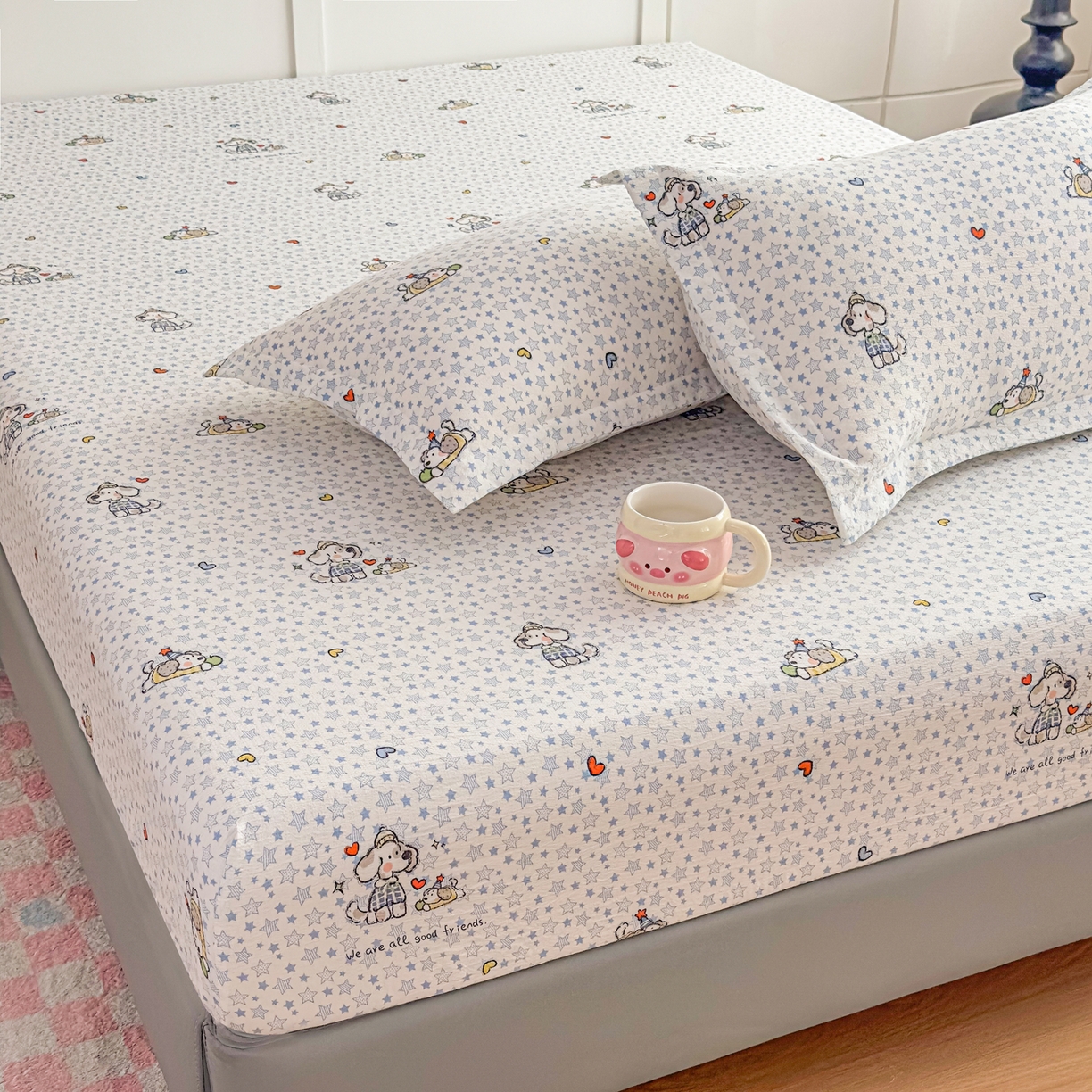 91家纺网 家纺一手货源 找家纺 默忆 2026春夏新款a类泡芙双层纱床笠印花卡通全包围床垫保护套单床笠 床笠单件 汪星人