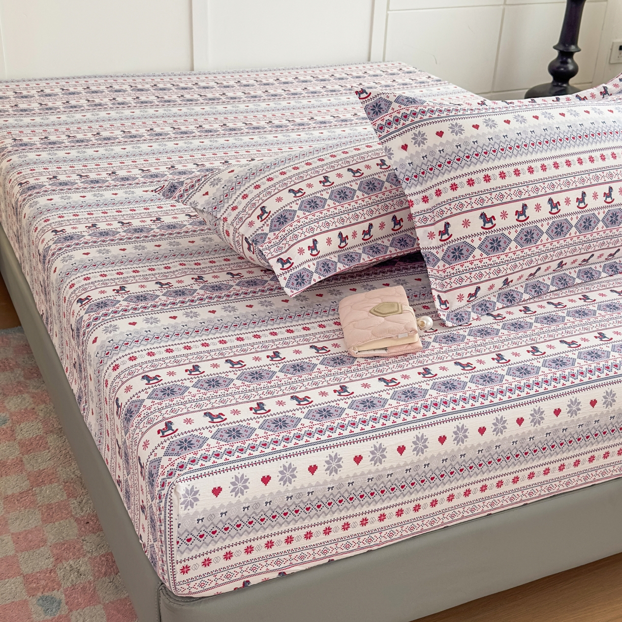 91家纺网 家纺一手货源 找家纺 默忆 2026春夏新款a类泡芙双层纱床笠印花卡通全包围床垫保护套单床笠 床笠单件 小木马