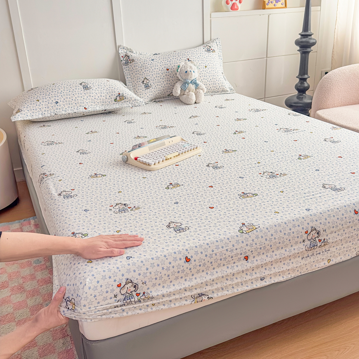 91家纺网 家纺一手货源 找家纺 默忆 2026春夏新款a类泡芙双层纱床笠印花卡通全包围床垫保护套单床笠 床笠单件 汪星人