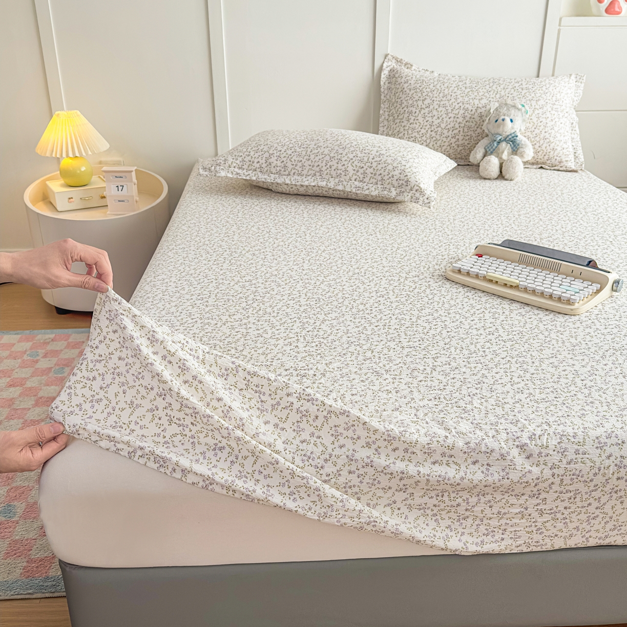 91家纺网 家纺一手货源 找家纺 默忆 2026春夏新款a类泡芙双层纱床笠印花卡通全包围床垫保护套单床笠 床笠单件 莫奈紫