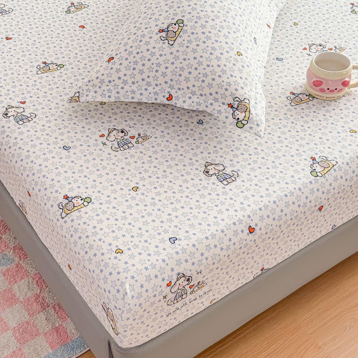 91家纺网 家纺一手货源 找家纺 默忆 2026春夏新款a类泡芙双层纱床笠印花卡通全包围床垫保护套单床笠 床笠单件 汪星人