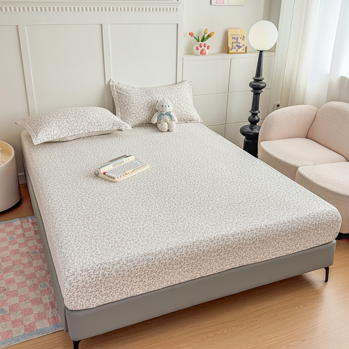 91家纺网 家纺一手货源 找家纺 默忆 2026春夏新款a类泡芙双层纱床笠印花卡通全包围床垫保护套单床笠 床笠单件 莫奈紫