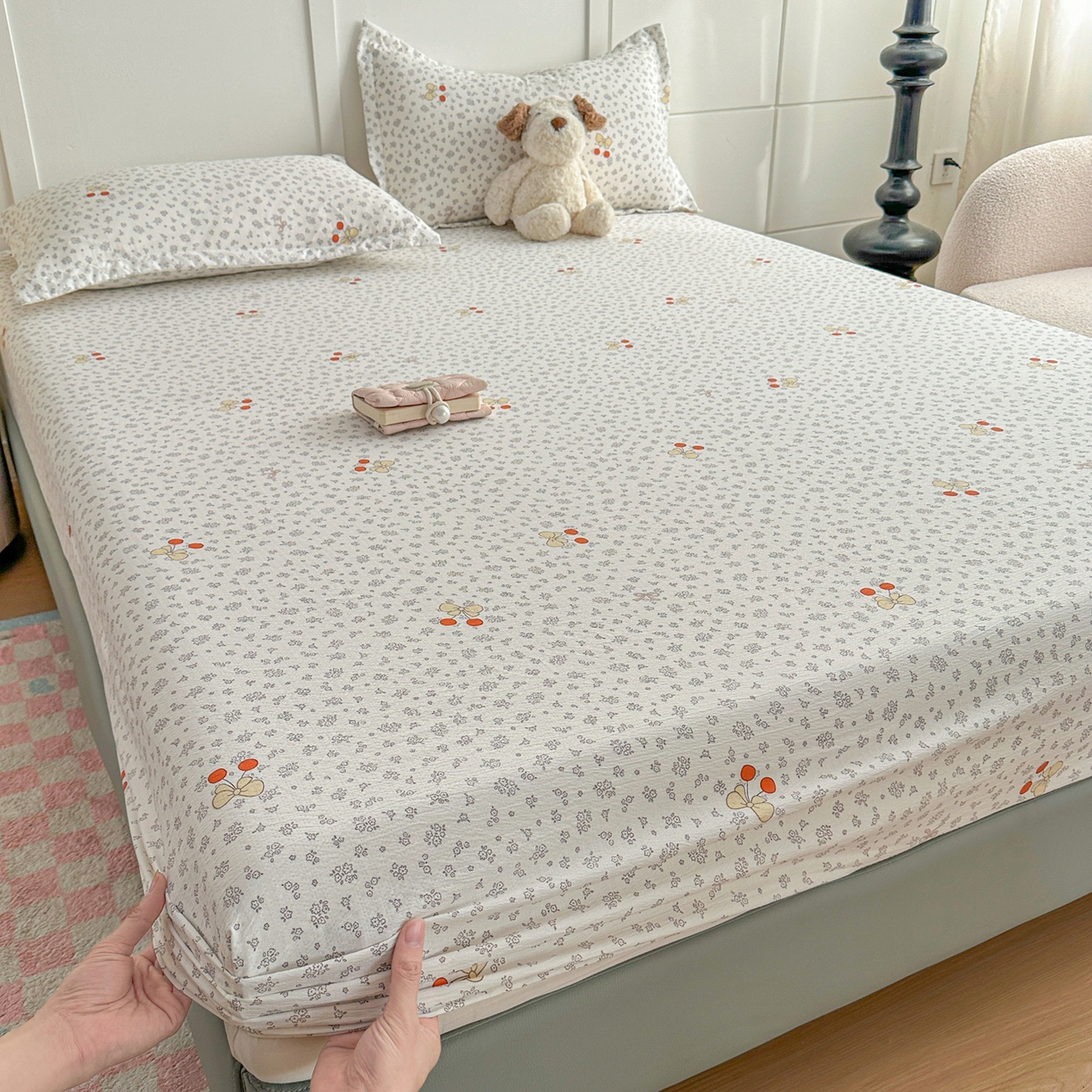 91家纺网 家纺一手货源 找家纺 默忆 2026春夏新款a类泡芙双层纱床笠印花卡通全包围床垫保护套单床笠 床笠单件 樱桃