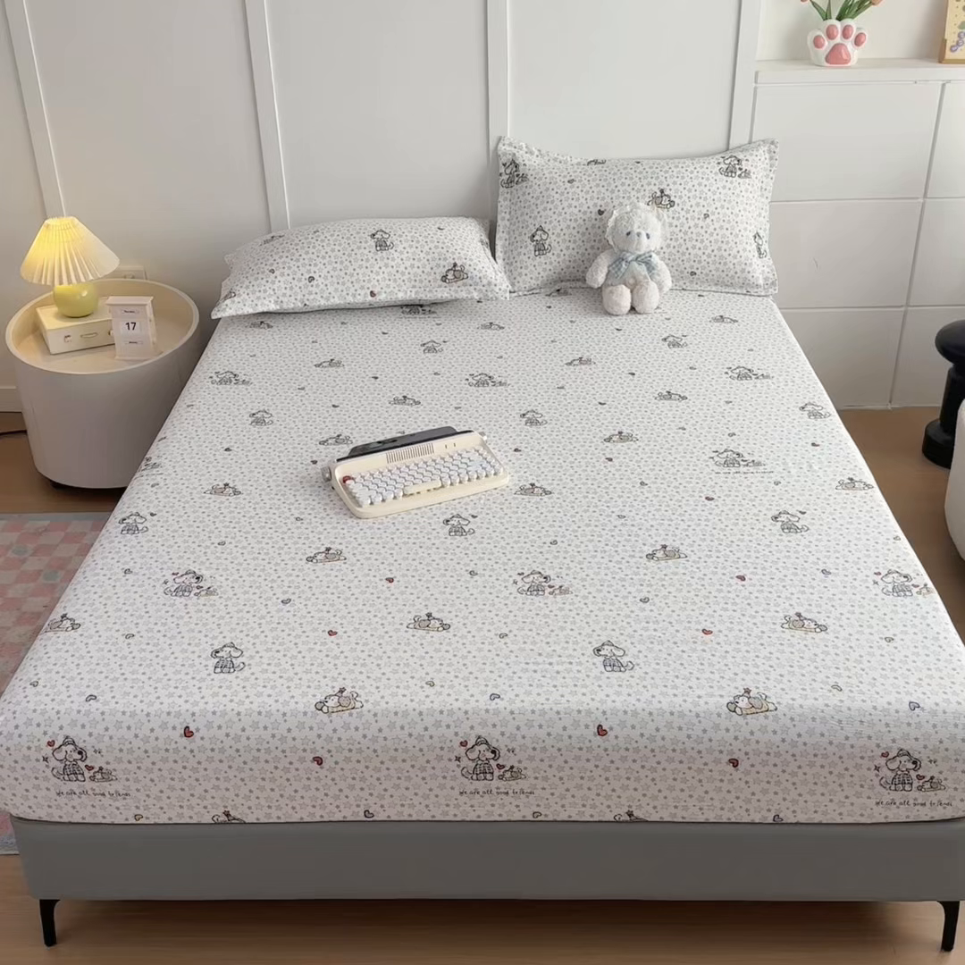 91家纺网 家纺一手货源 找家纺 默忆 2026春夏新款a类泡芙双层纱床笠印花卡通全包围床垫保护套单床笠 床笠单件 汪星人