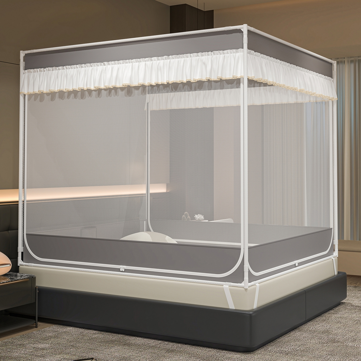 91家纺网 家纺一手货源 找家纺 （总）千逸虹 2026新款外穿U型三开门坐床蚊帐