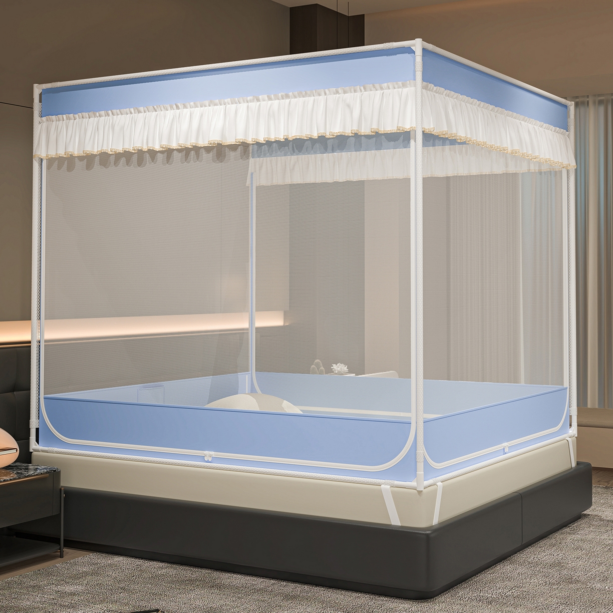 91家纺网 家纺一手货源 找家纺 （总）千逸虹 2026新款外穿U型三开门坐床蚊帐