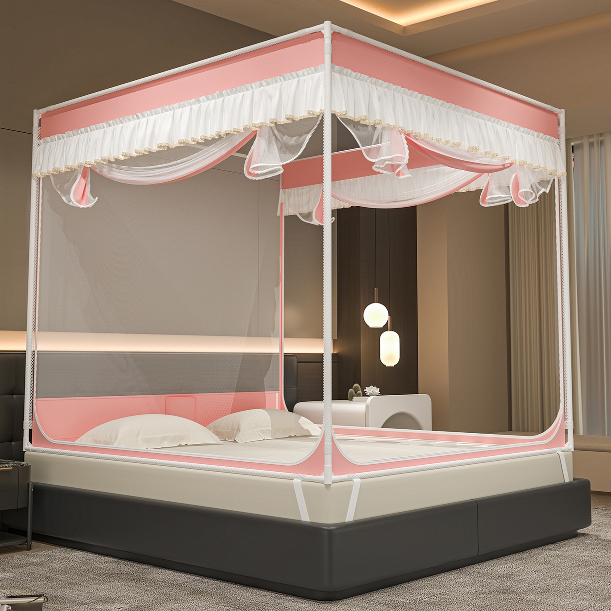 91家纺网 家纺一手货源 找家纺 千逸虹 2026新款外穿U型三开门坐床蚊帐 粉