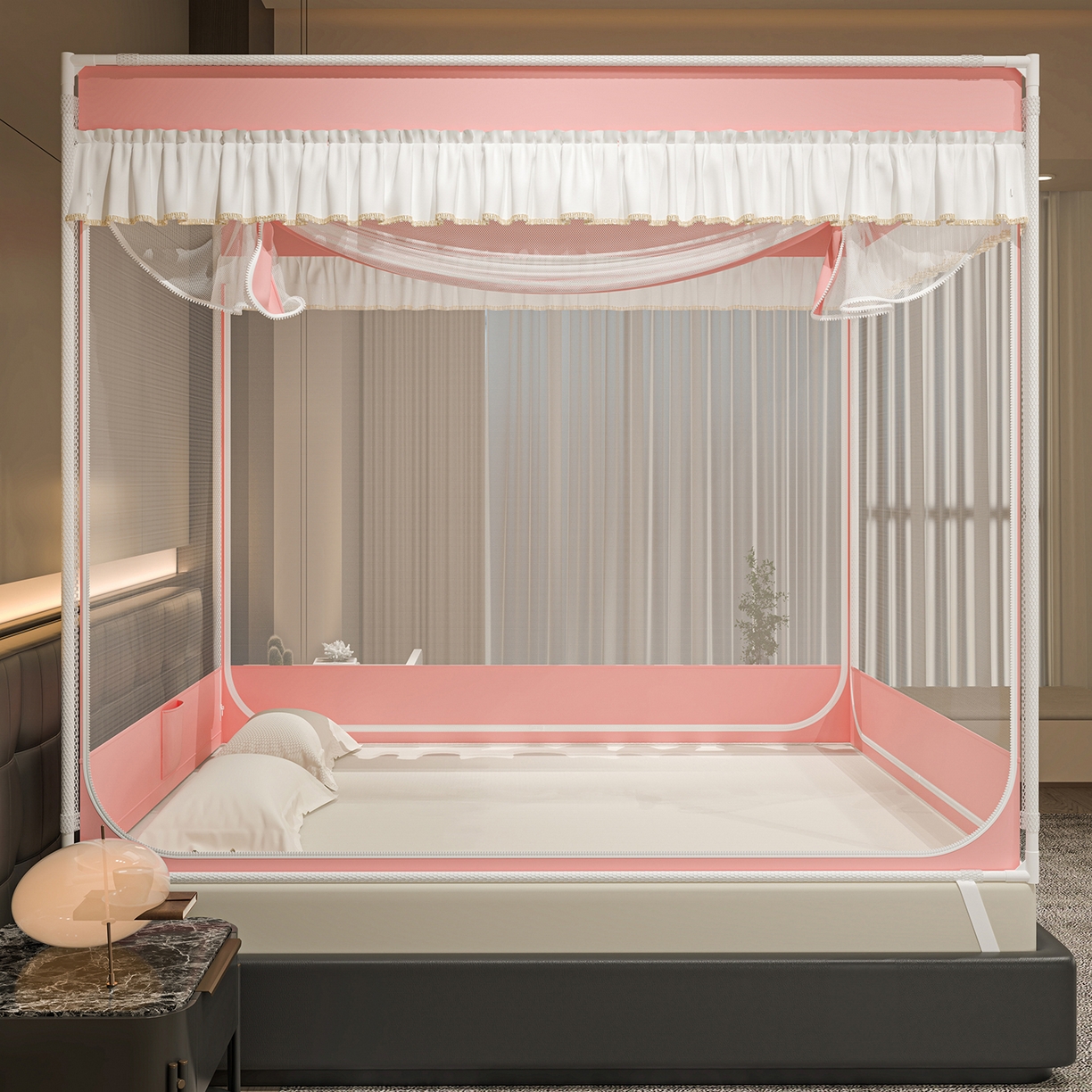 91家纺网 家纺一手货源 找家纺 千逸虹 2026新款外穿U型三开门坐床蚊帐 粉