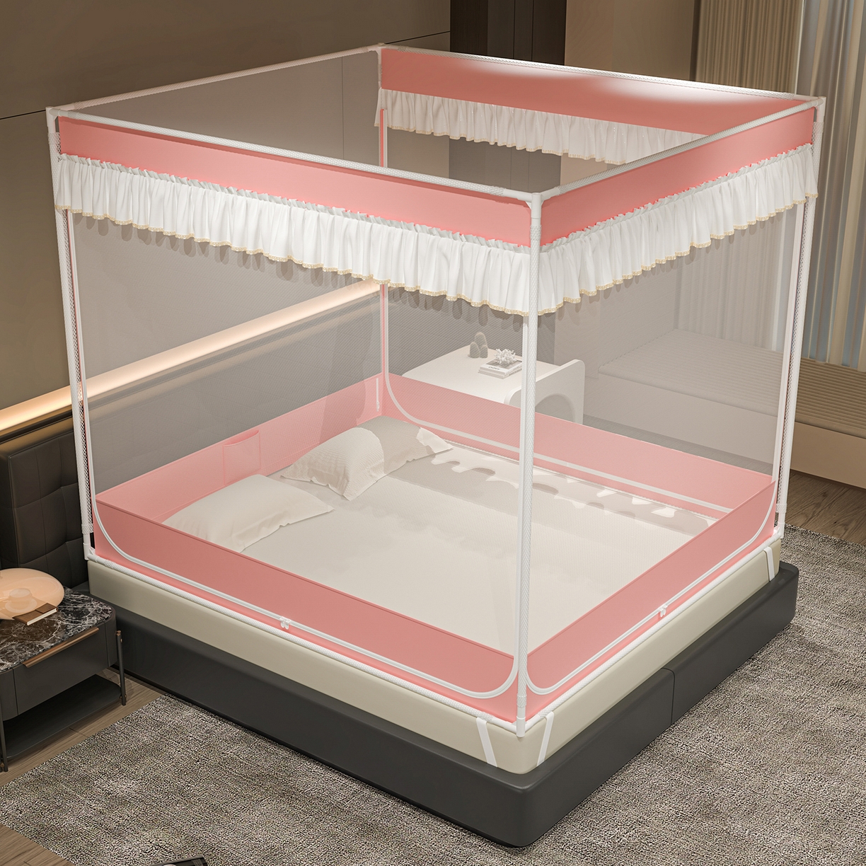 91家纺网 家纺一手货源 找家纺 千逸虹 2026新款外穿U型三开门坐床蚊帐 粉