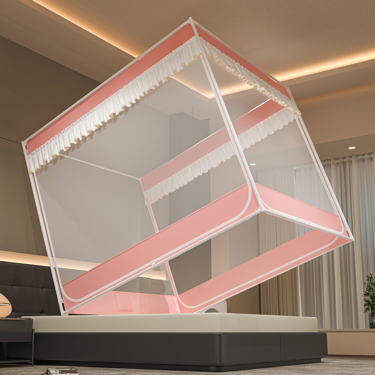 91家纺网 家纺一手货源 找家纺 千逸虹 2026新款外穿U型三开门坐床蚊帐 粉