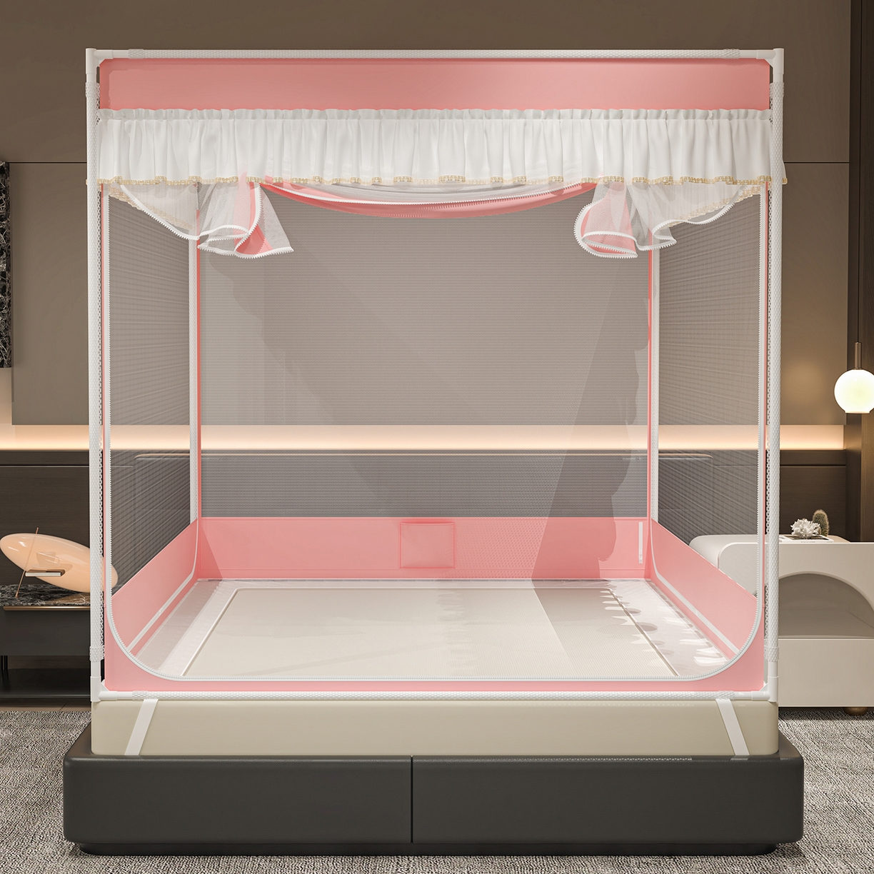 91家纺网 家纺一手货源 找家纺 千逸虹 2026新款外穿U型三开门坐床蚊帐 粉