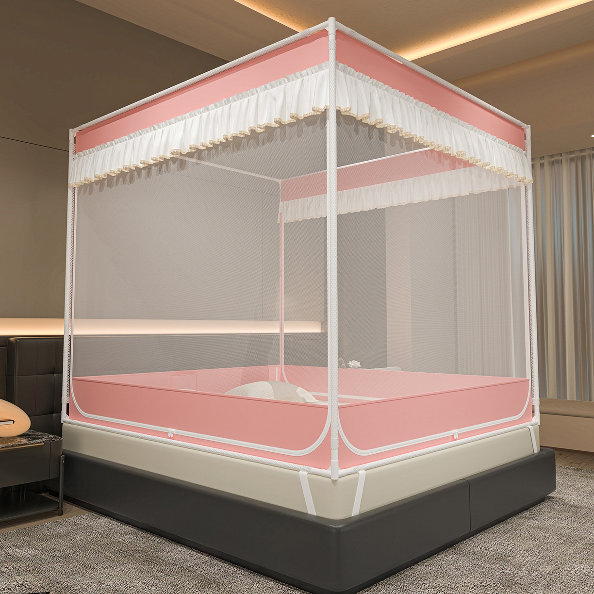 91家纺网 家纺一手货源 找家纺 千逸虹 2026新款外穿U型三开门坐床蚊帐 粉