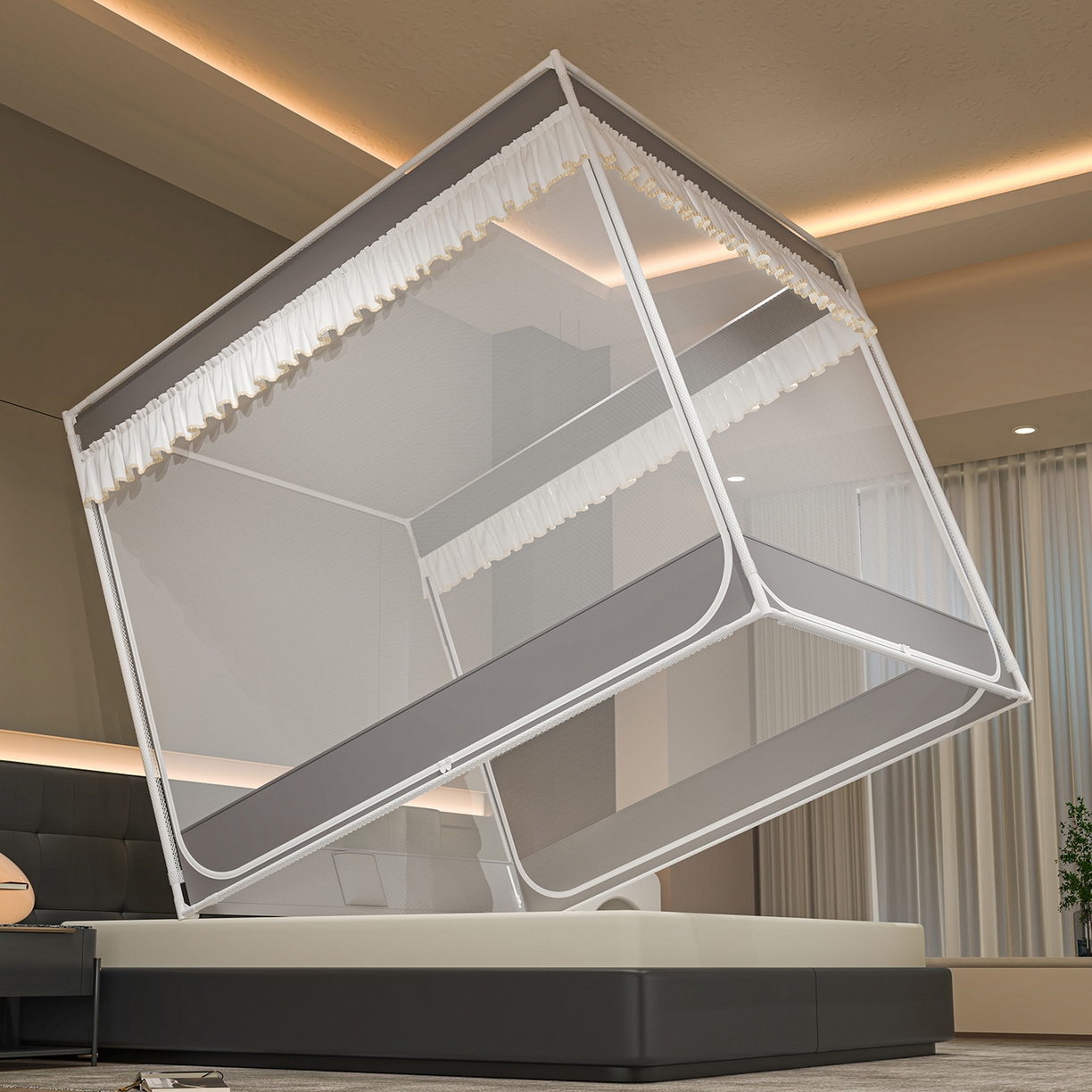 91家纺网 家纺一手货源 找家纺 千逸虹 2026新款外穿U型三开门坐床蚊帐 灰