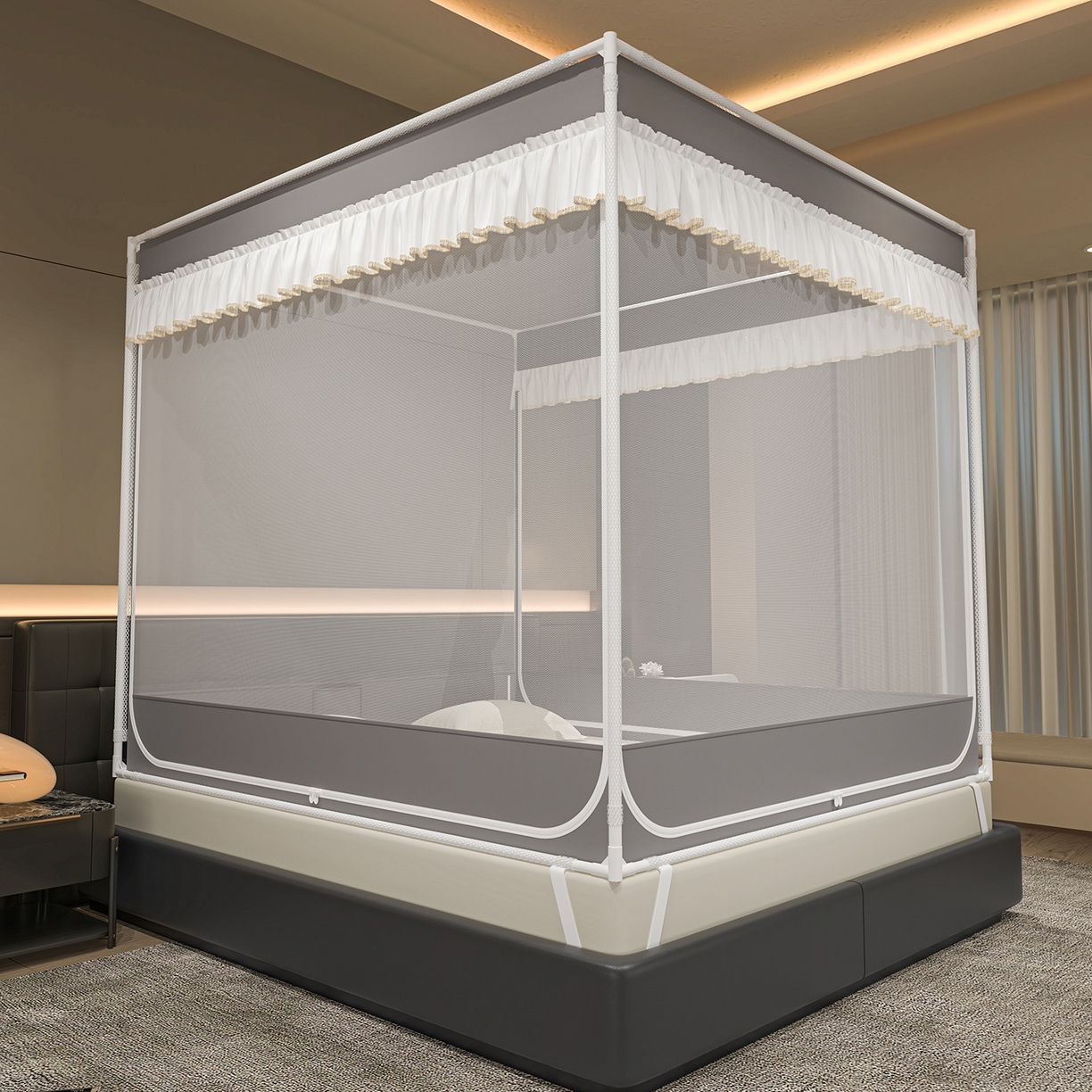 91家纺网 家纺一手货源 找家纺 千逸虹 2026新款外穿U型三开门坐床蚊帐 灰