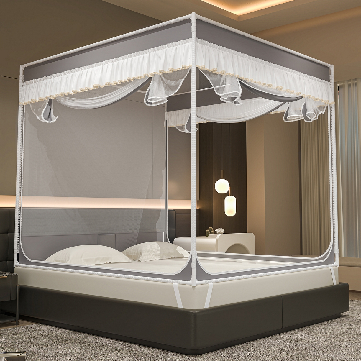 91家纺网 家纺一手货源 找家纺 千逸虹 2026新款外穿U型三开门坐床蚊帐 灰