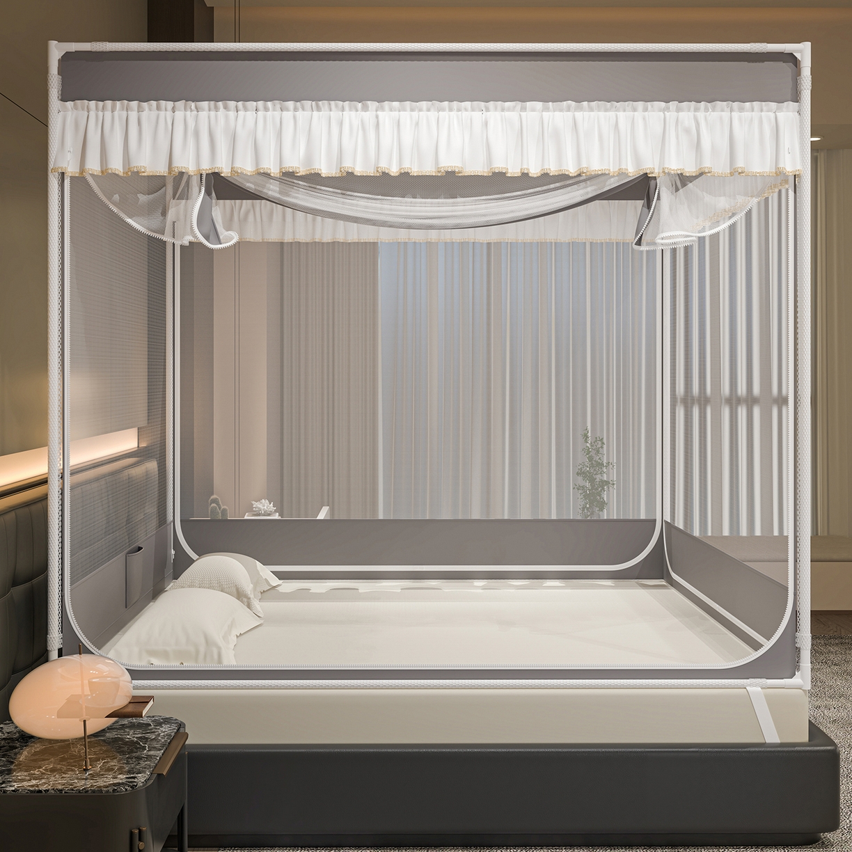 91家纺网 家纺一手货源 找家纺 千逸虹 2026新款外穿U型三开门坐床蚊帐 灰